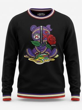 BKYS Mens Black Sweatshirt Purple Stitch Teddy Bear Rose Voodoo Crewneck Size XL
